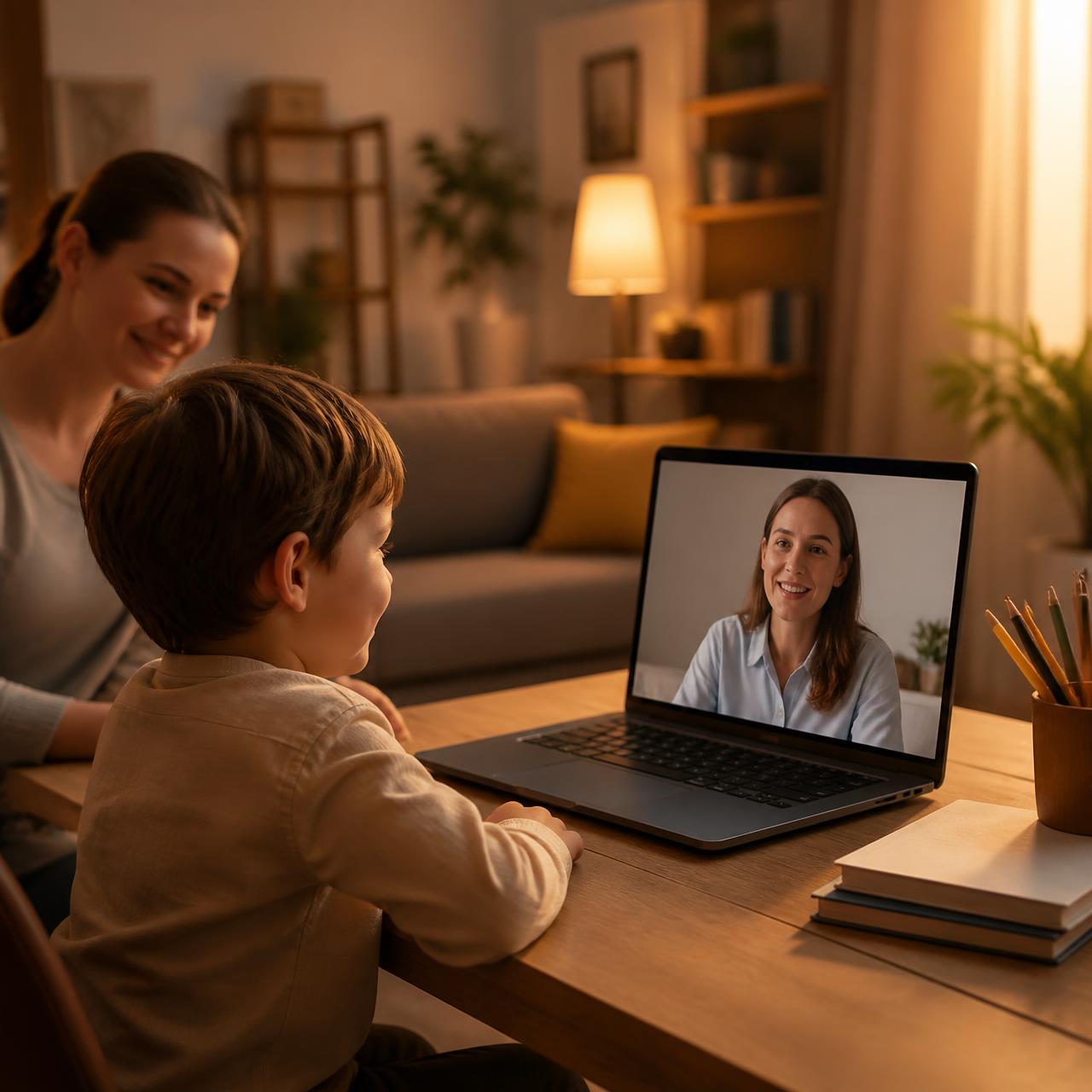 A child in a warm home setting having an online speech therapy session with a licensed therapist over a laptop